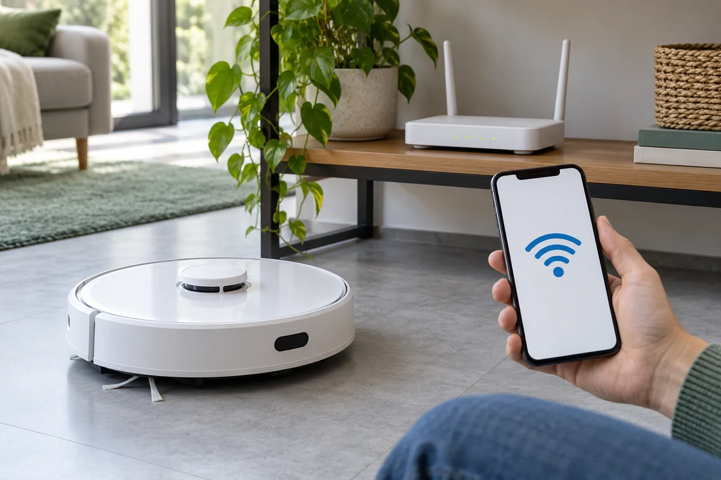 Робот, телефон және үй роутері туралы жасалған иллюстрация; Roborock S7 нақты сызбасы емес