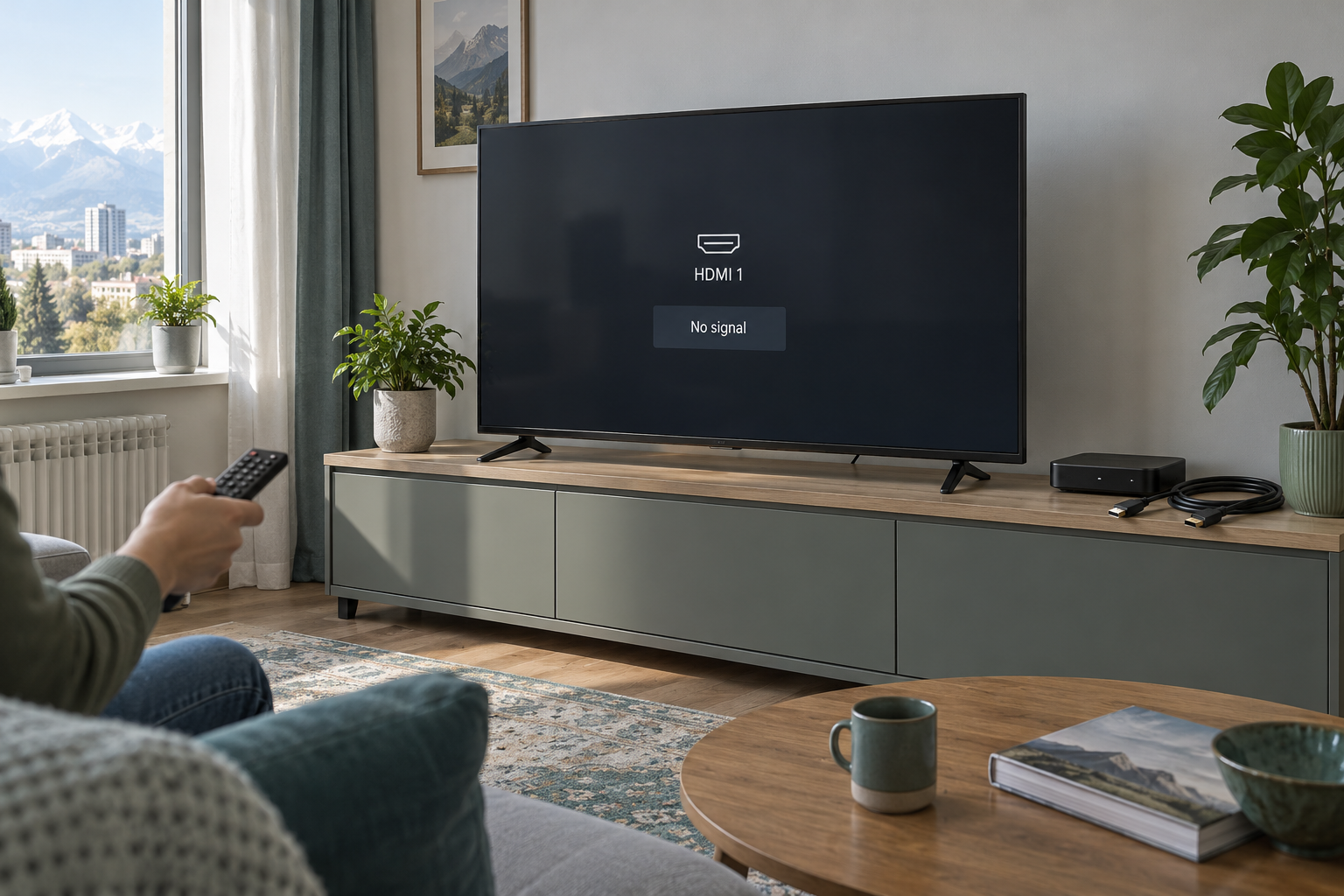 HDMI хабарламасы бар теледидар мен сыртқы құрылғының жасалған иллюстрациясы; Samsung интерфейсінің дәл көшірмесі емес