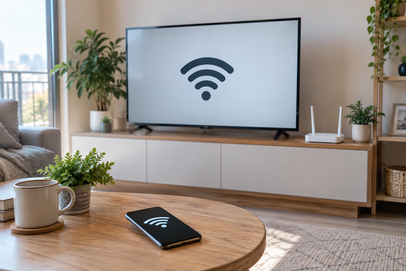 Сгенерированная иллюстрация телевизора, роутера и телефона с символами Wi-Fi; не снимок меню Samsung